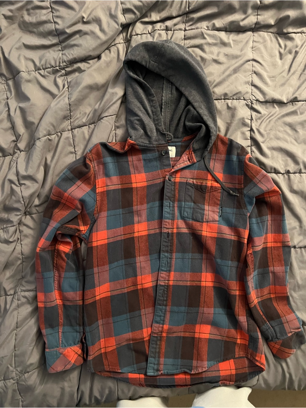 Billabong Men's orange and gray Plaid Hooded Button-Down Shirt